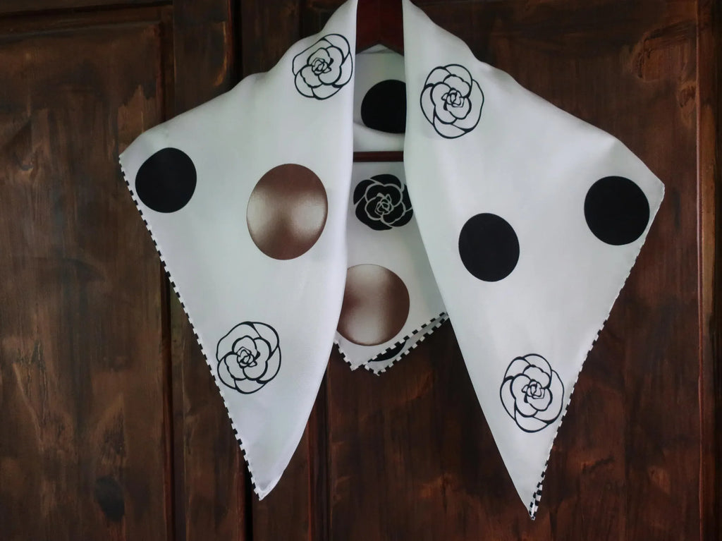 White Camellia Dot Silk Scarf - 53x53cm - Scarves4you