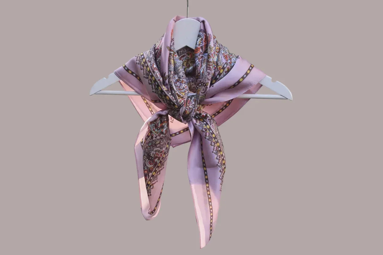 Premium Mulberry Silk Square Scarf - Pink Violet Paisley Pattern 90x90cm - Scarves4you
