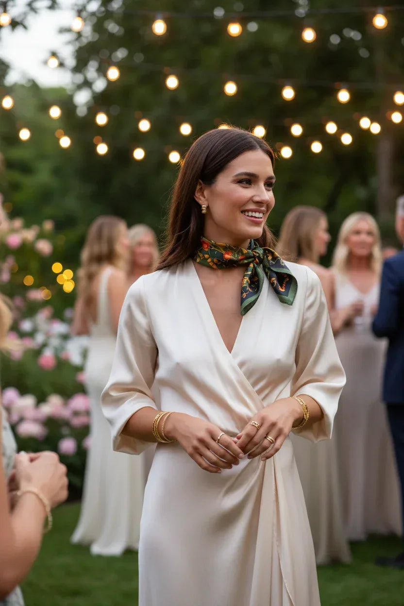 Woman in a white dress with a floral scarf standing outdoors with string lights and people in the background