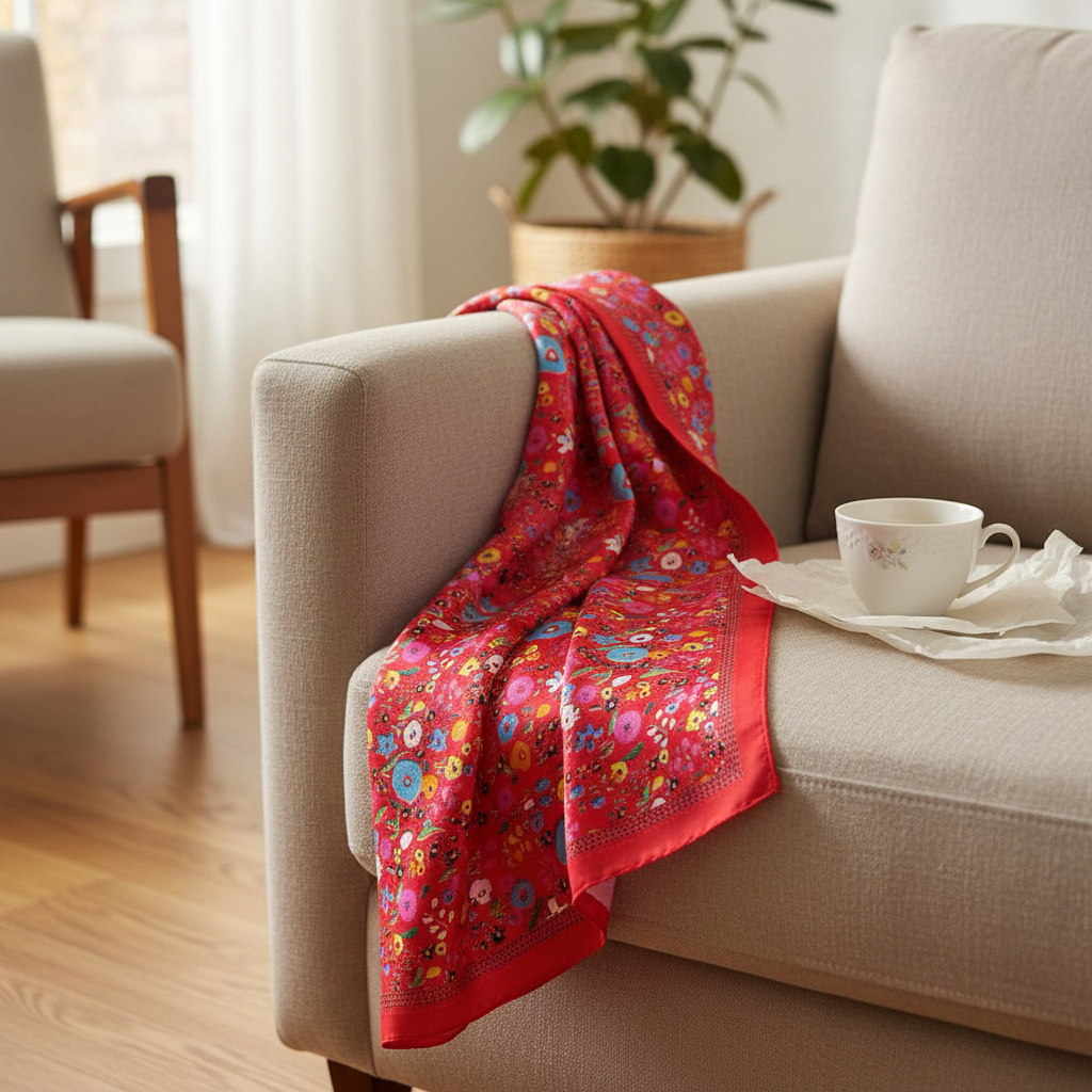 Natural Mulberry Silk Scarf – Red Floral Botanical Design – 70x70 cm