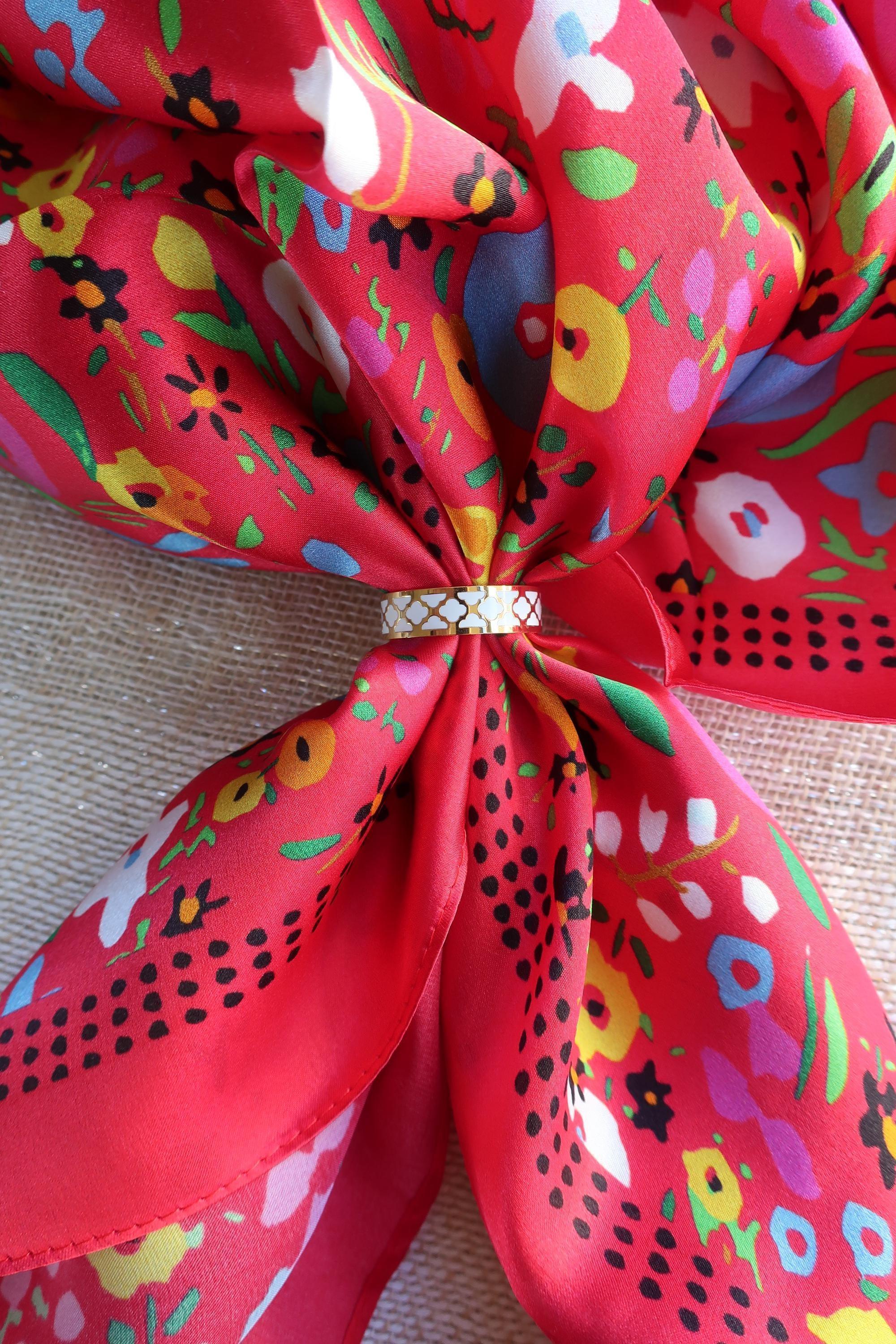 Natural Mulberry Silk Square Scarf - Red Floral Botanical Pattern 53x53cm - Scarves4you