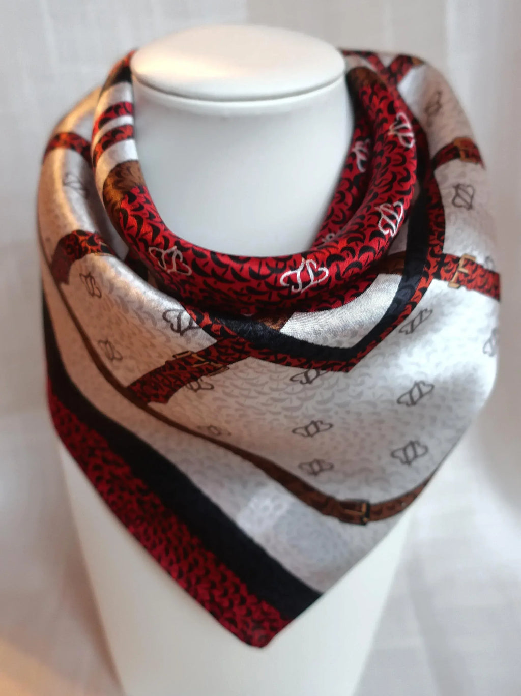 Silk Square Scarf 53×53 cm – Red Geometric Stripe Print | Luxury Bandana - Scarves4you