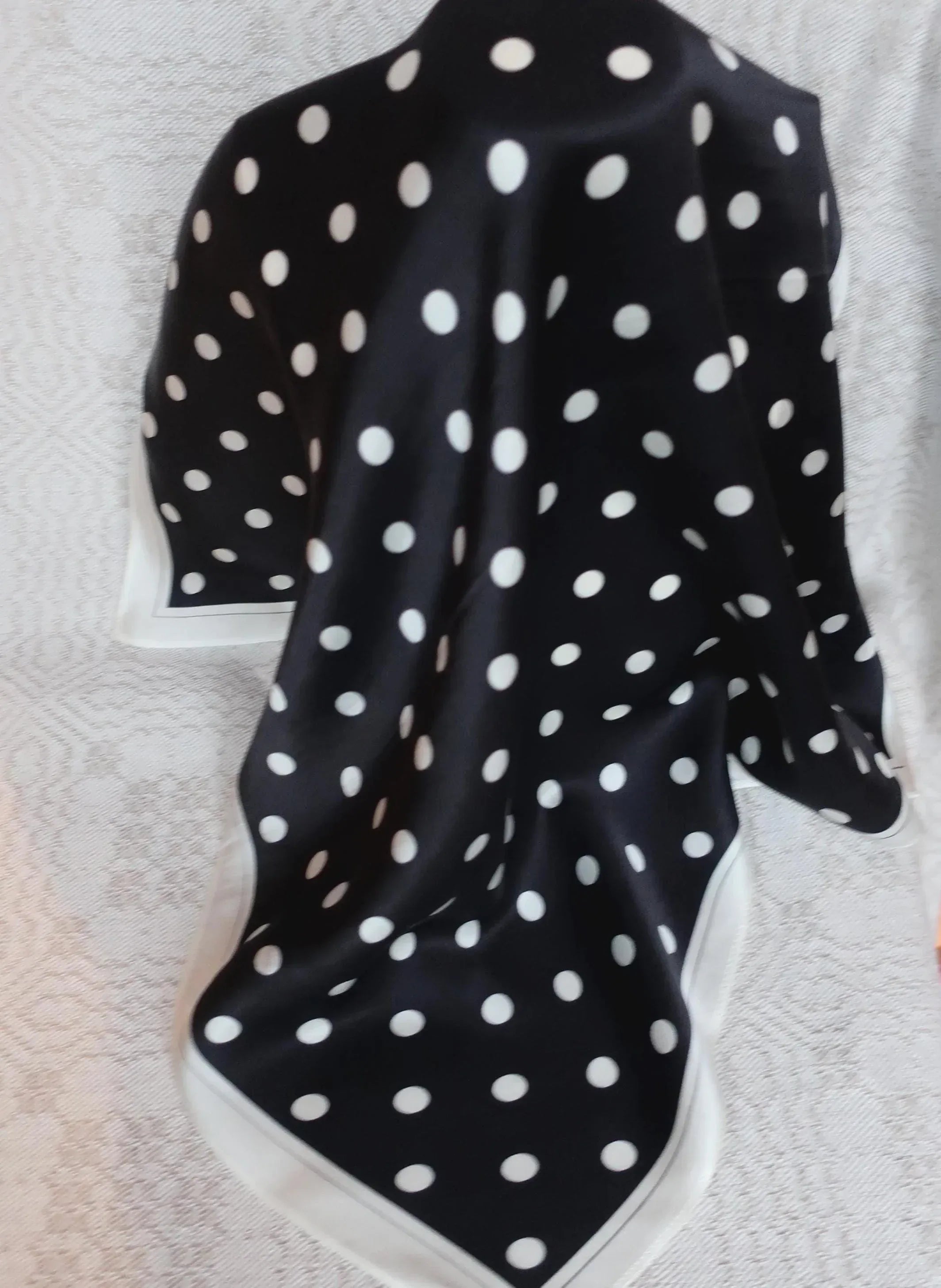 Black Polka Dot Silk Scarf 53×53 cm – White Large Dots & Border | Classic Bandana - Scarves4you