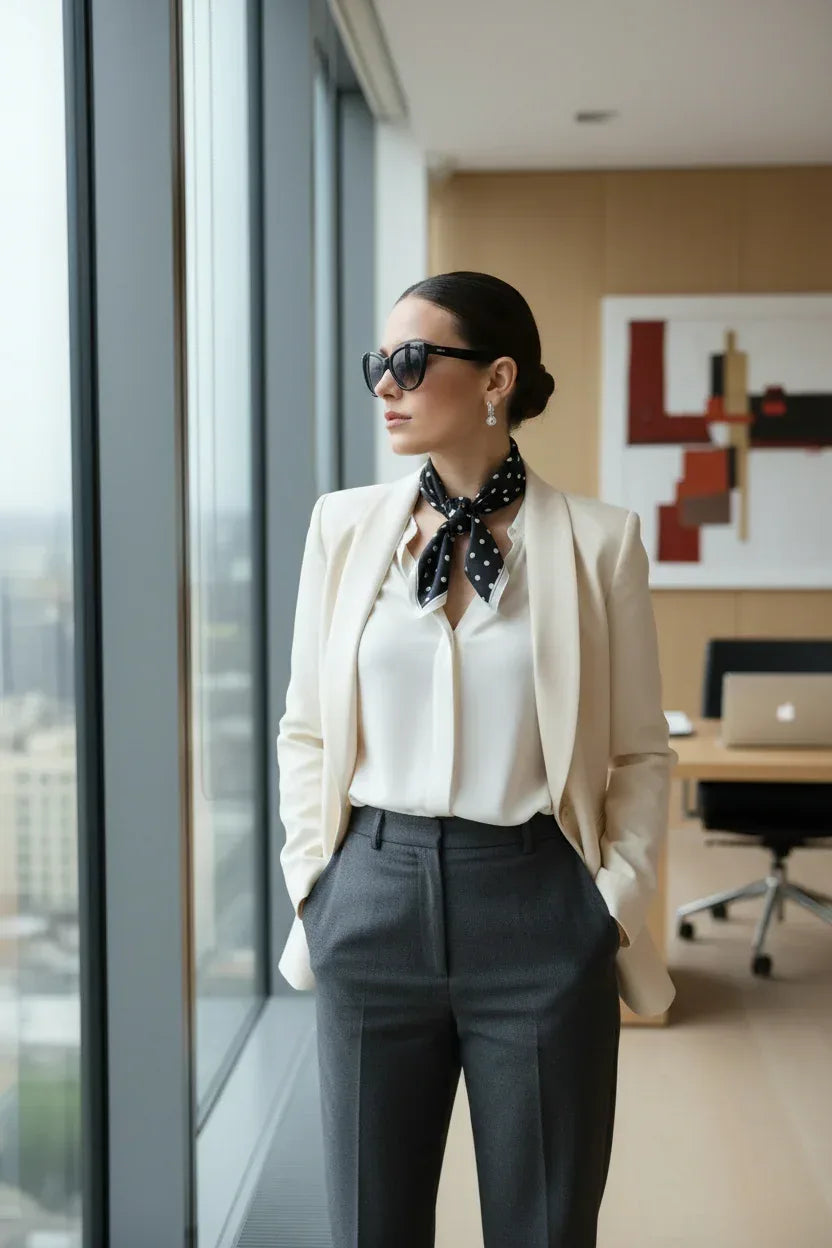 Black Polka Dot Silk Scarf 53×53 cm – White Large Dots & Border | Classic Bandana - Scarves4you