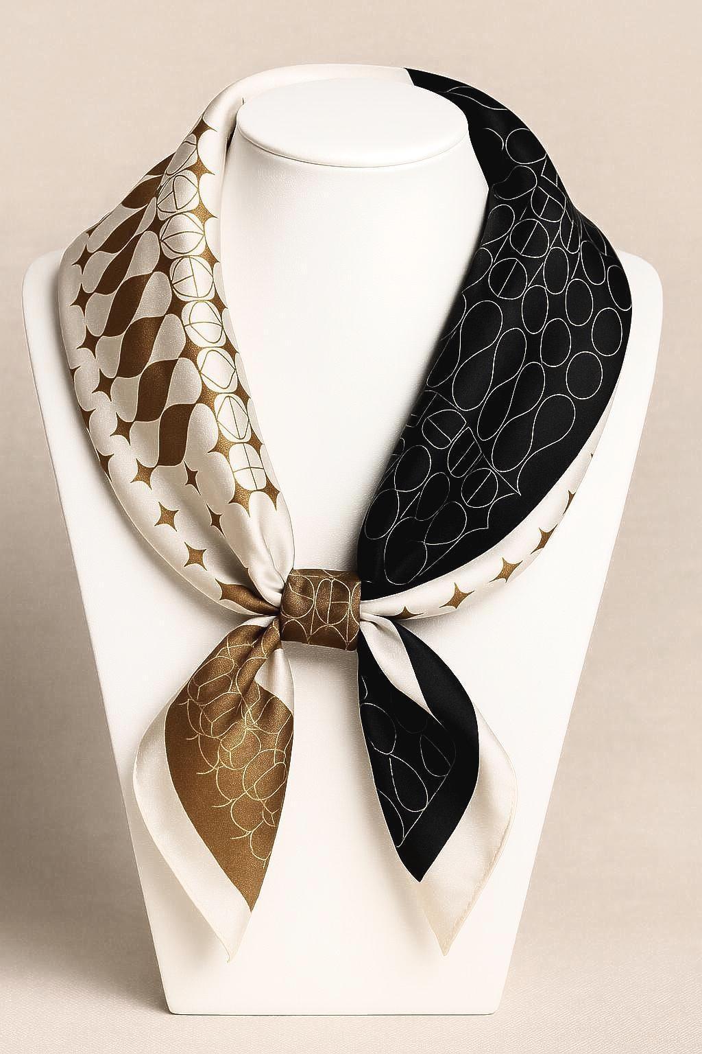 53x53 cm Mulberry Silk Geometric Scarf | Black White Gold | Luxury Square Scarf | Women's & Men's Neckerchief - Scarves4you