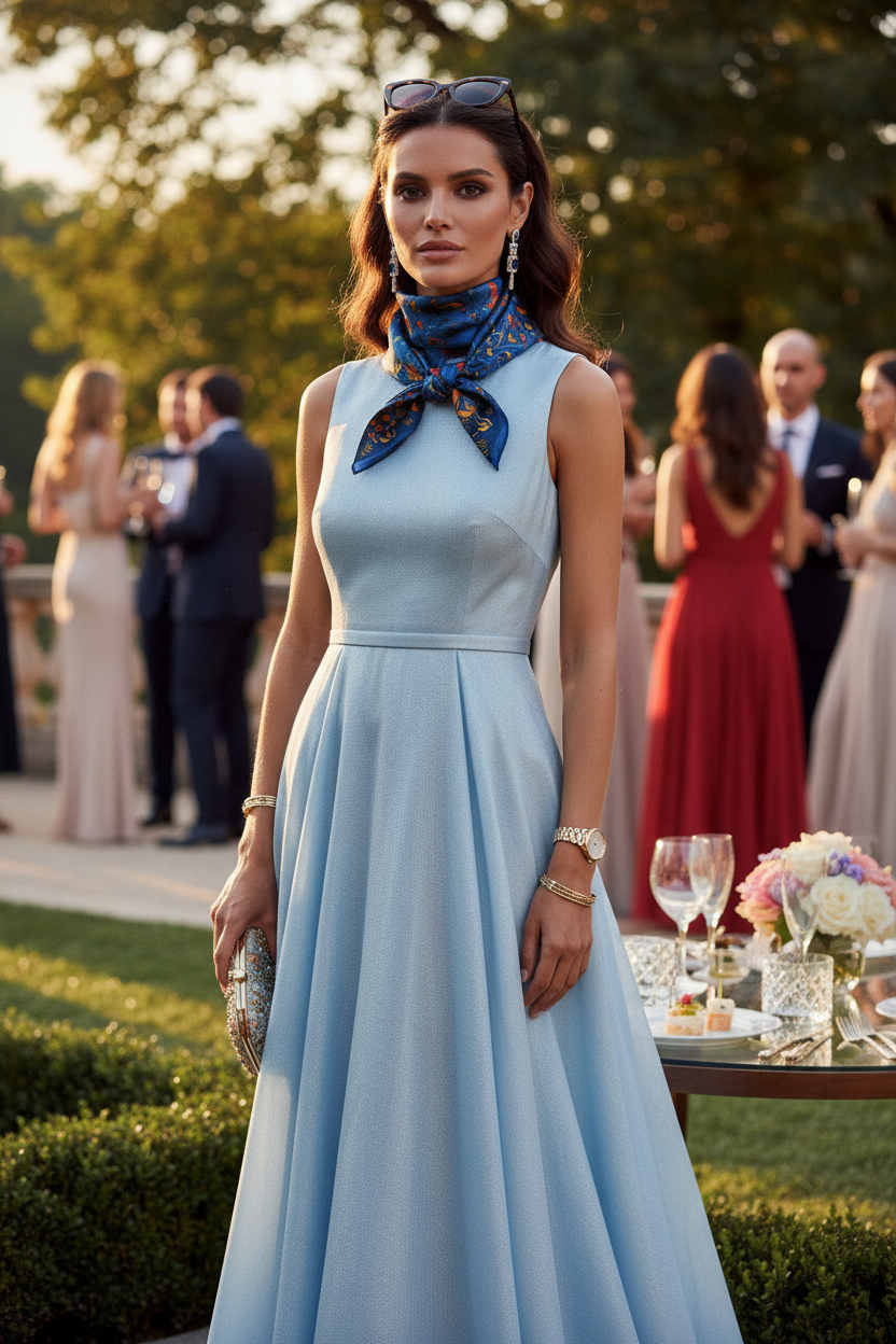 Woman in a light blue dress with a blue scarf at an outdoor event.