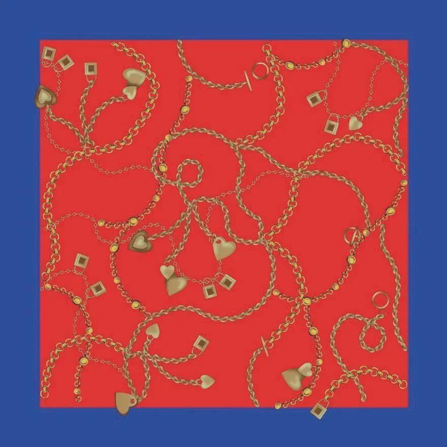 Silk Square Scarf 53×53 cm – Red Chain Print | Blue Border Bandana - Scarves4you