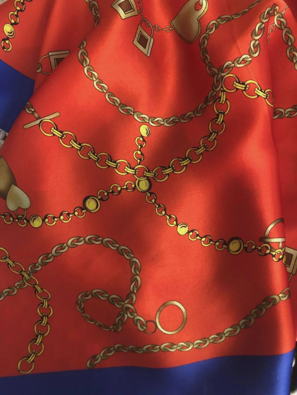 Silk Square Scarf 53×53 cm – Red Chain Print | Blue Border Bandana - Scarves4you