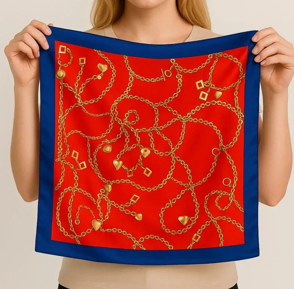 Silk Square Scarf 53×53 cm – Red Chain Print | Blue Border Bandana - Scarves4you