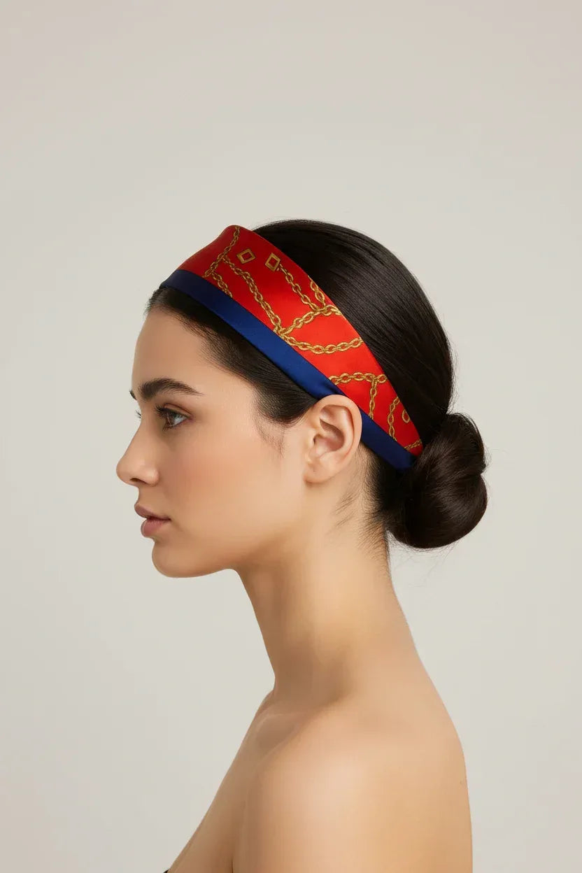 Silk Square Scarf 53×53 cm – Red Chain Print | Blue Border Bandana - Scarves4you
