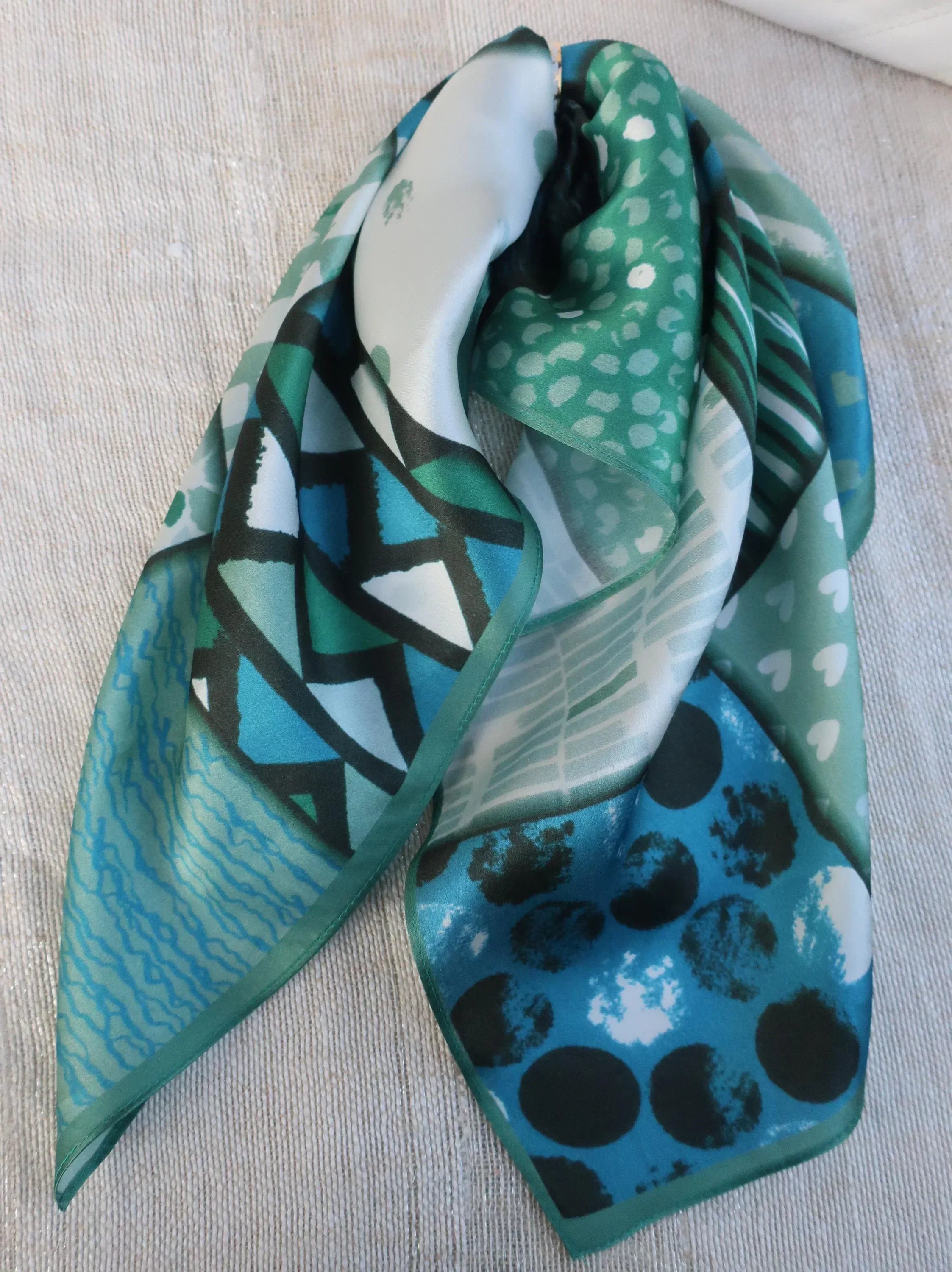 Natural Mulberry Silk Square Scarf - Green Abstract Artistic Pattern 53x53cm - Scarves4you