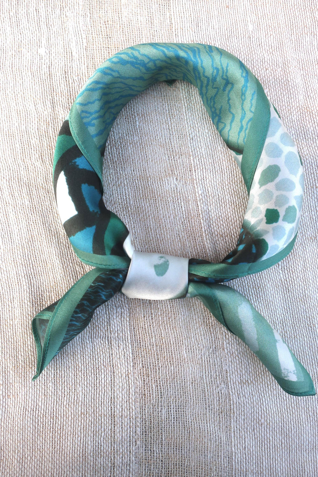 Natural Mulberry Silk Square Scarf - Green Abstract Artistic Pattern 53x53cm - Scarves4you