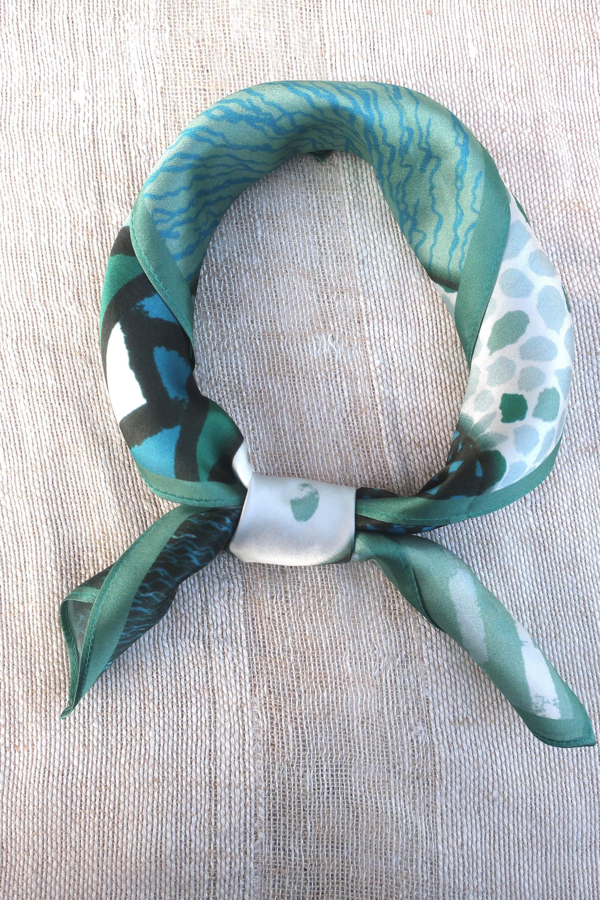 Natural Mulberry Silk Square Scarf - Green Abstract Artistic Pattern 53x53cm - Scarves4you