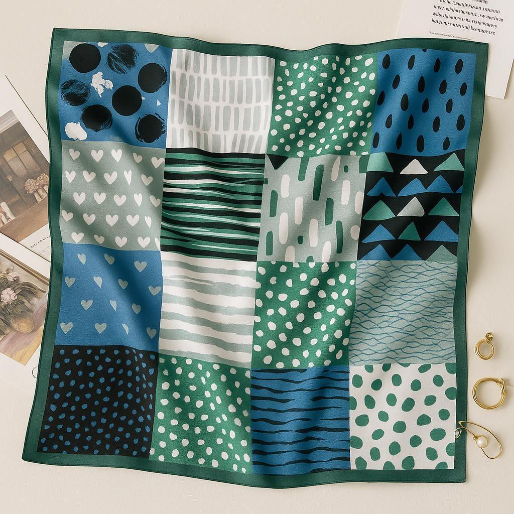 Natural Mulberry Silk Square Scarf - Green Abstract Artistic Pattern 53x53cm - Scarves4you