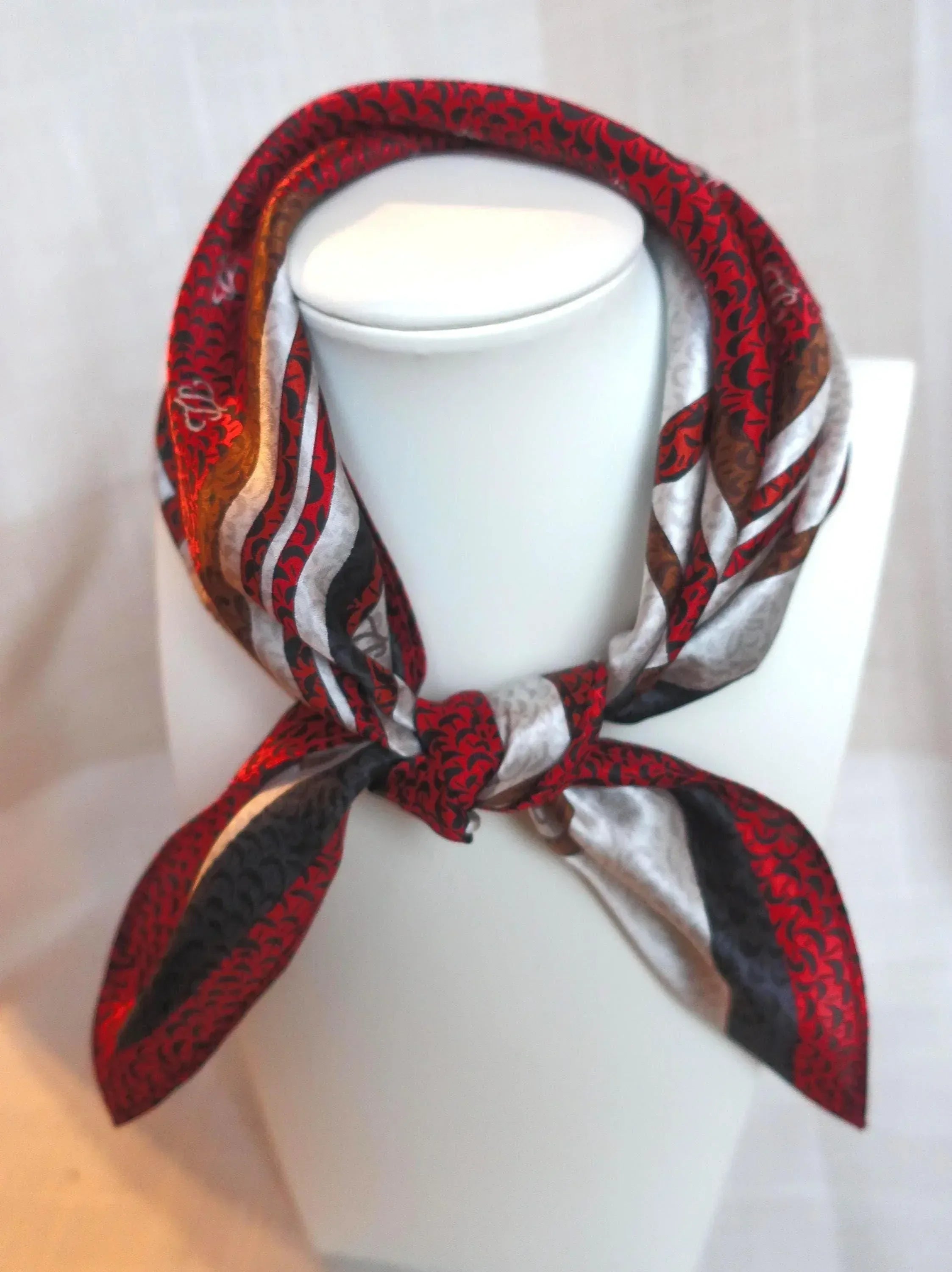Silk Square Scarf 53×53 cm – Red Geometric Stripe Print | Luxury Bandana - Scarves4you