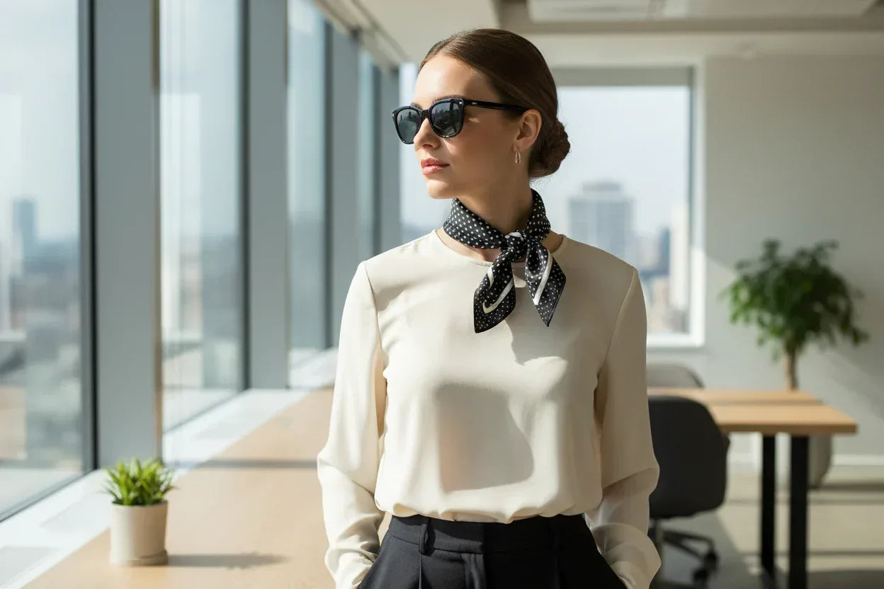 Woman in a modern office setting wearing sunglasses and a scarf.