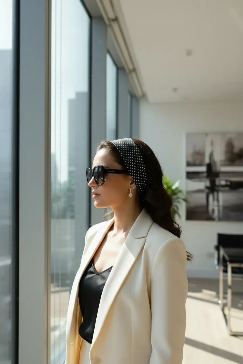 Woman in a beige blazer and sunglasses standing by a large window in an office setting.