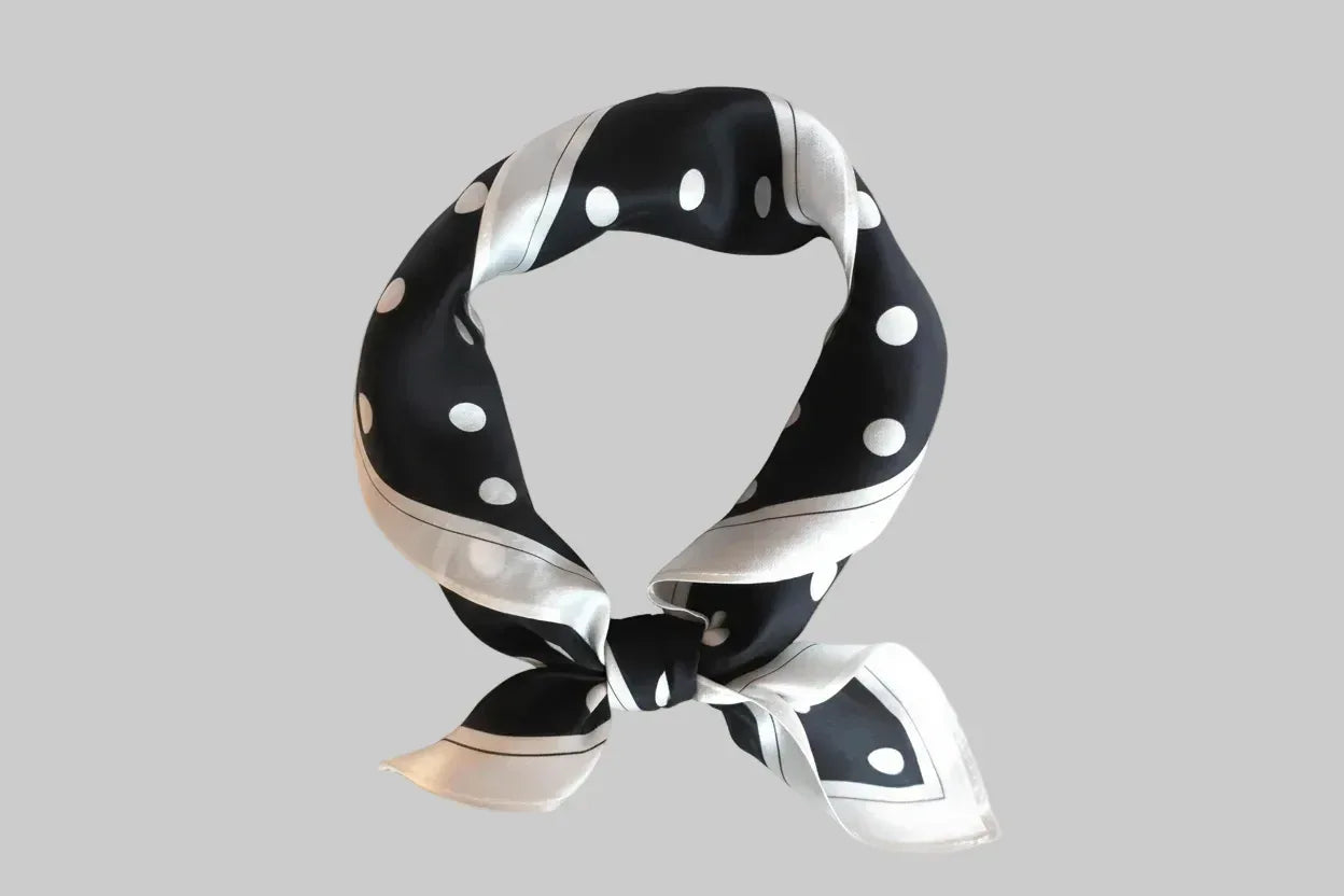 Black Polka Dot Silk Scarf 53×53 cm – White Large Dots & Border | Classic Bandana - Scarves4you