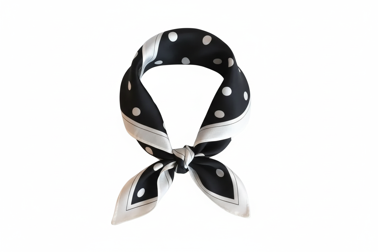 Natural Mulberry Silk Scarf – Black Polka Dot White Large Dots Design – 53x53 cm