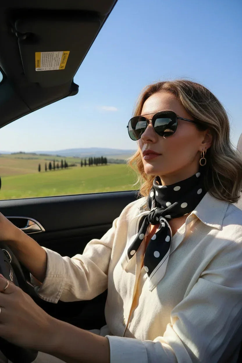 Black Polka Dot Silk Scarf 53×53 cm – White Large Dots & Border | Classic Bandana - Scarves4you