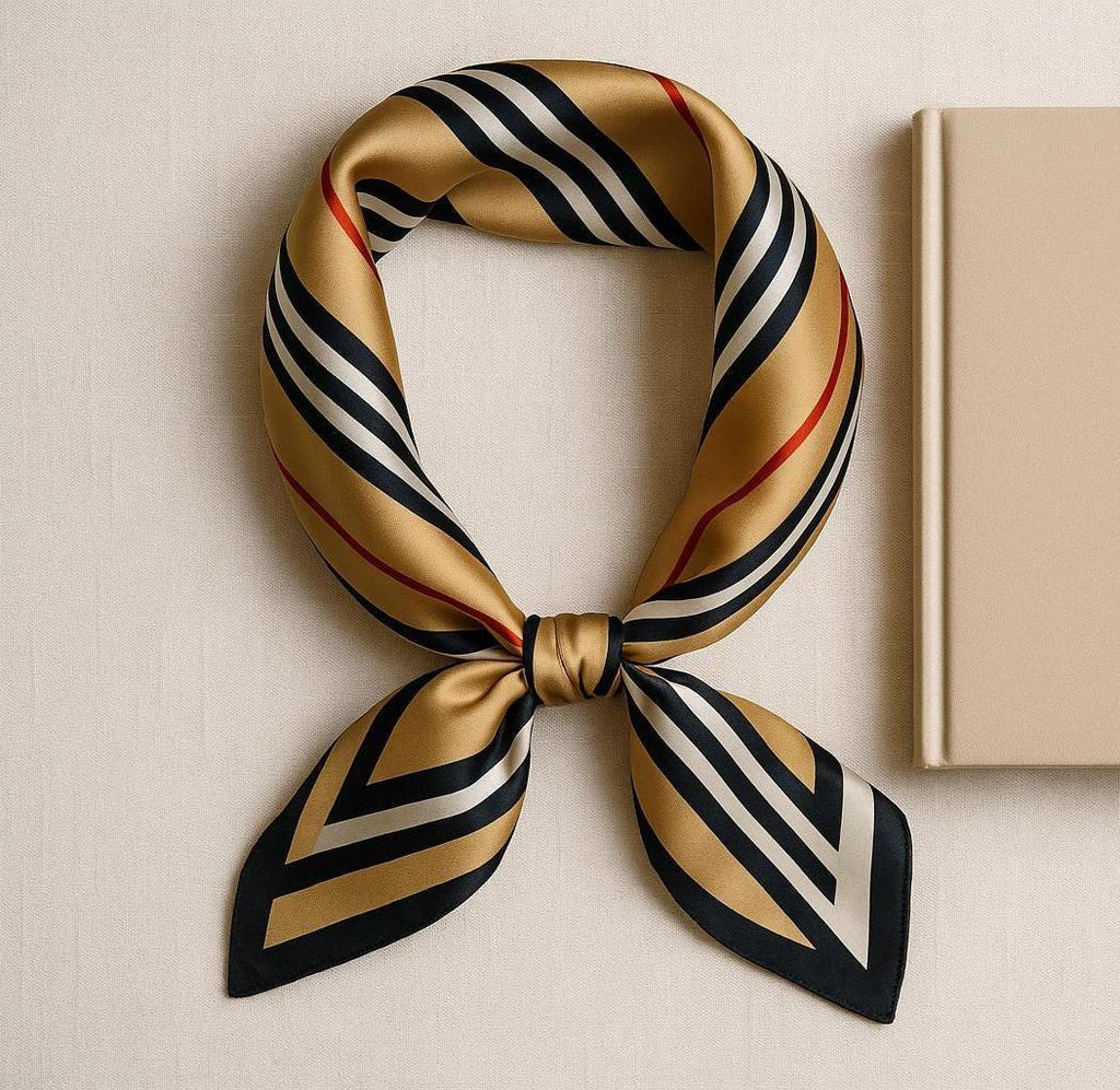 Silk Square Scarf 53×53 cm – Beige Striped Print | Minimalist Design - Scarves4you