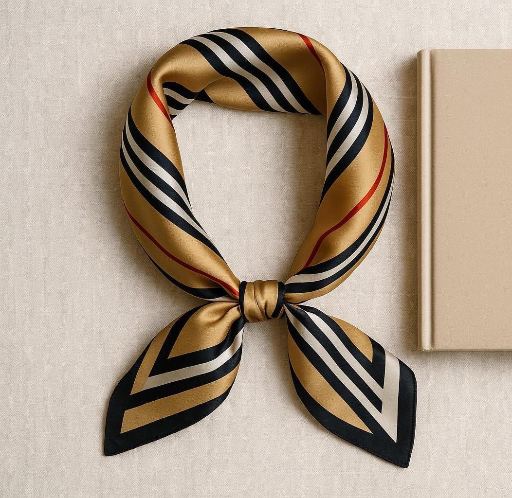 Silk Square Scarf 53×53 cm – Beige Striped Print | Minimalist Design - Scarves4you