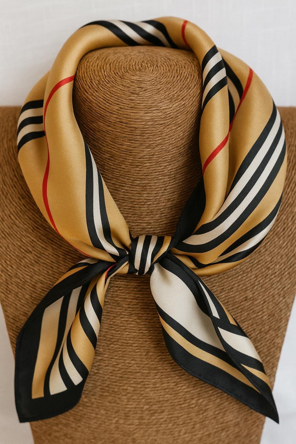 Silk Square Scarf 53×53 cm – Beige Striped Print | Minimalist Design - Scarves4you