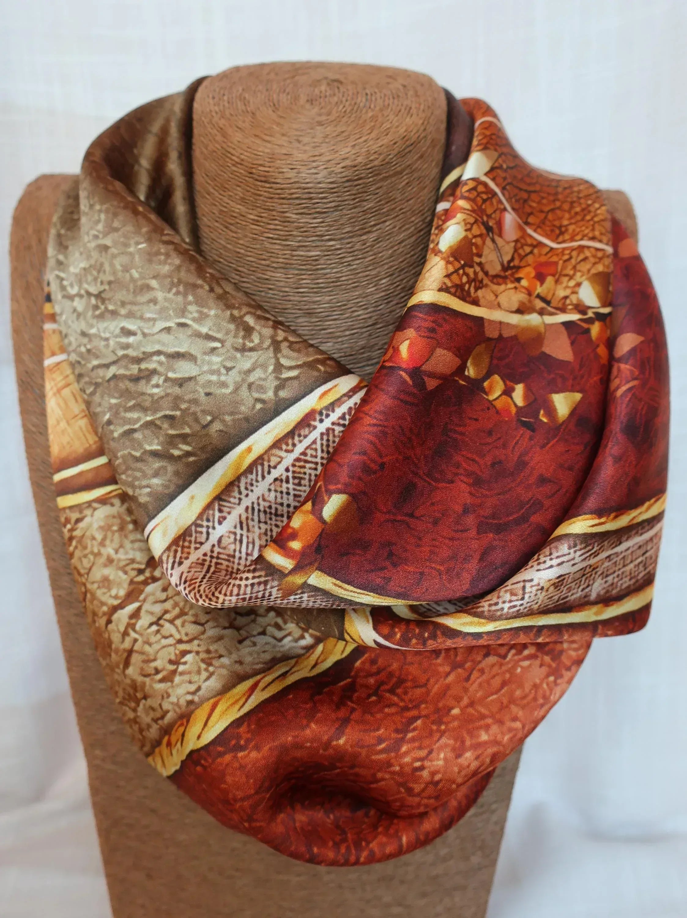 65x65 cm Mulberry Silk Scarf | Brown Rust Abstract | Luxury Large Square Scarf | Women's & Men's Neckerchief - Scarves4you