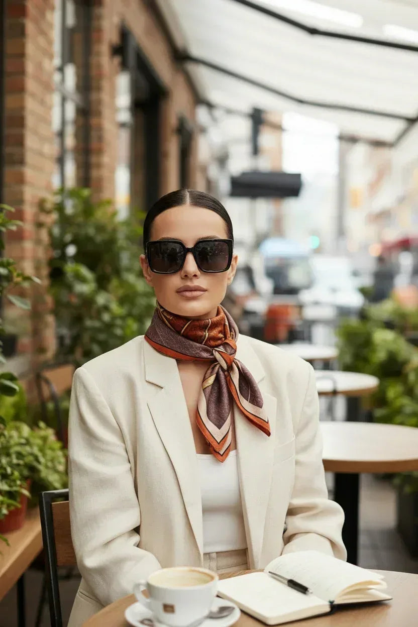 65x65 cm Mulberry Silk Scarf | Brown Rust Abstract | Luxury Large Square Scarf | Women's & Men's Neckerchief - Scarves4you