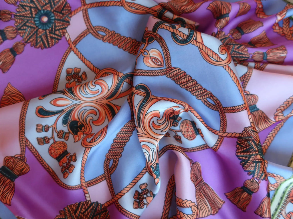 Luxury Silk-like Satin Square Scarf 70x70cm - Purple Blue Baroque Rope Print - Scarves4you
