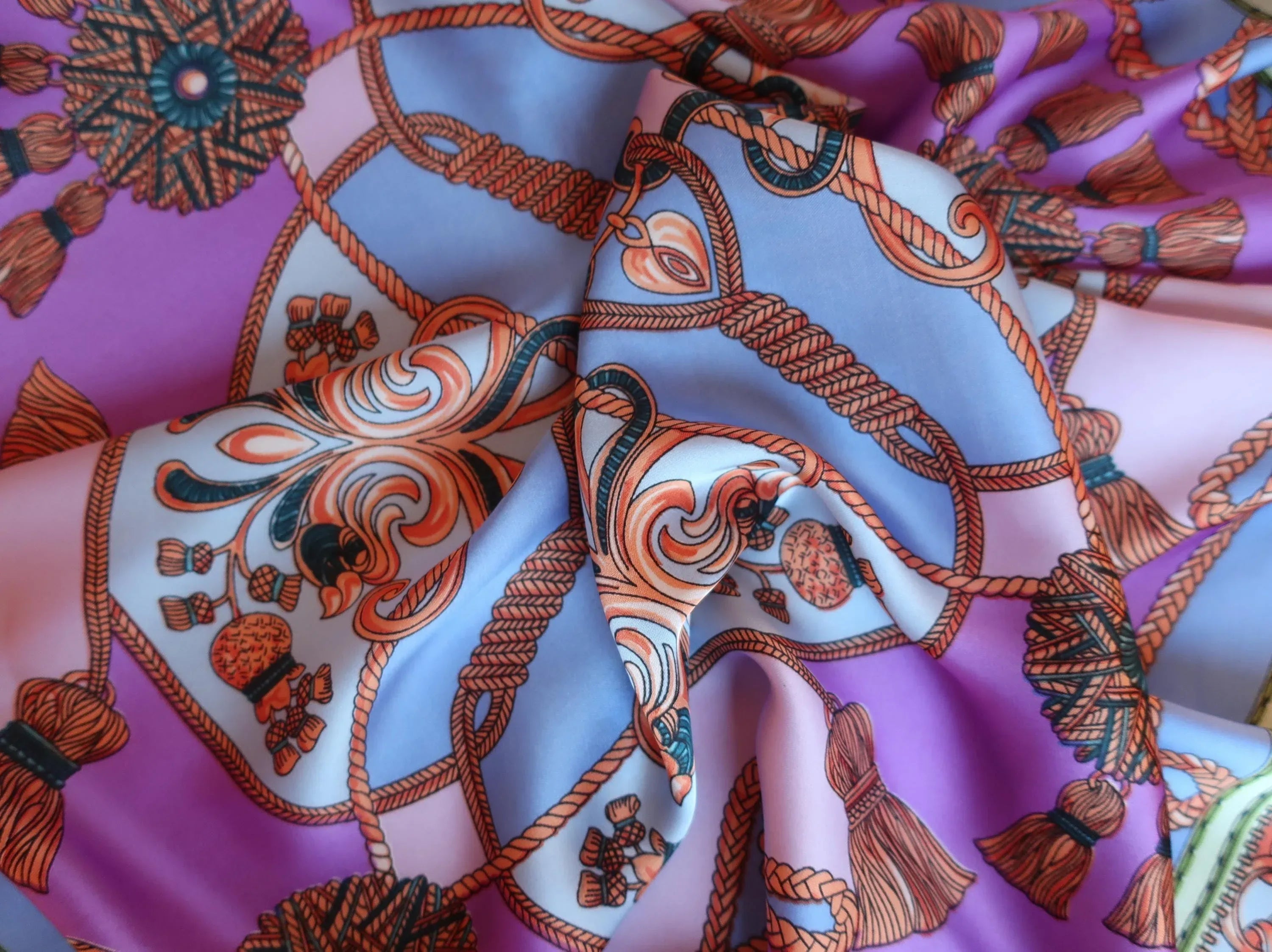 Luxury Silk-like Satin Square Scarf 70x70cm - Purple Blue Baroque Rope Print - Scarves4you