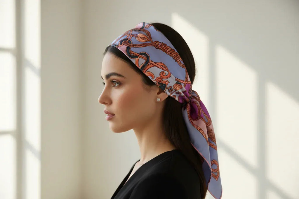 Luxury Silk-like Satin Square Scarf 70x70cm - Purple Blue Baroque Rope Print - Scarves4you