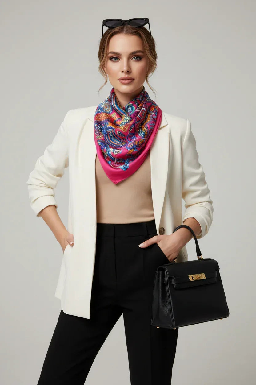 70x70 cm Luxury Silk-Like Scarf | Pink Blue Orange Artistic Pattern | Elegant Square Scarf | Women's Fashion Accessory - Scarves4you