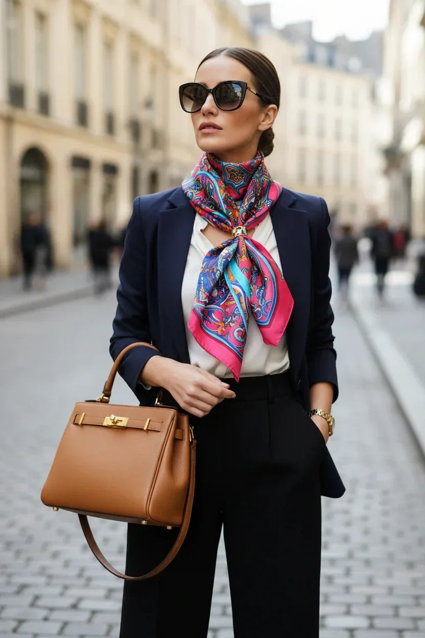 70x70 cm Luxury Silk-Like Scarf | Pink Blue Orange Artistic Pattern | Elegant Square Scarf | Women's Fashion Accessory - Scarves4you