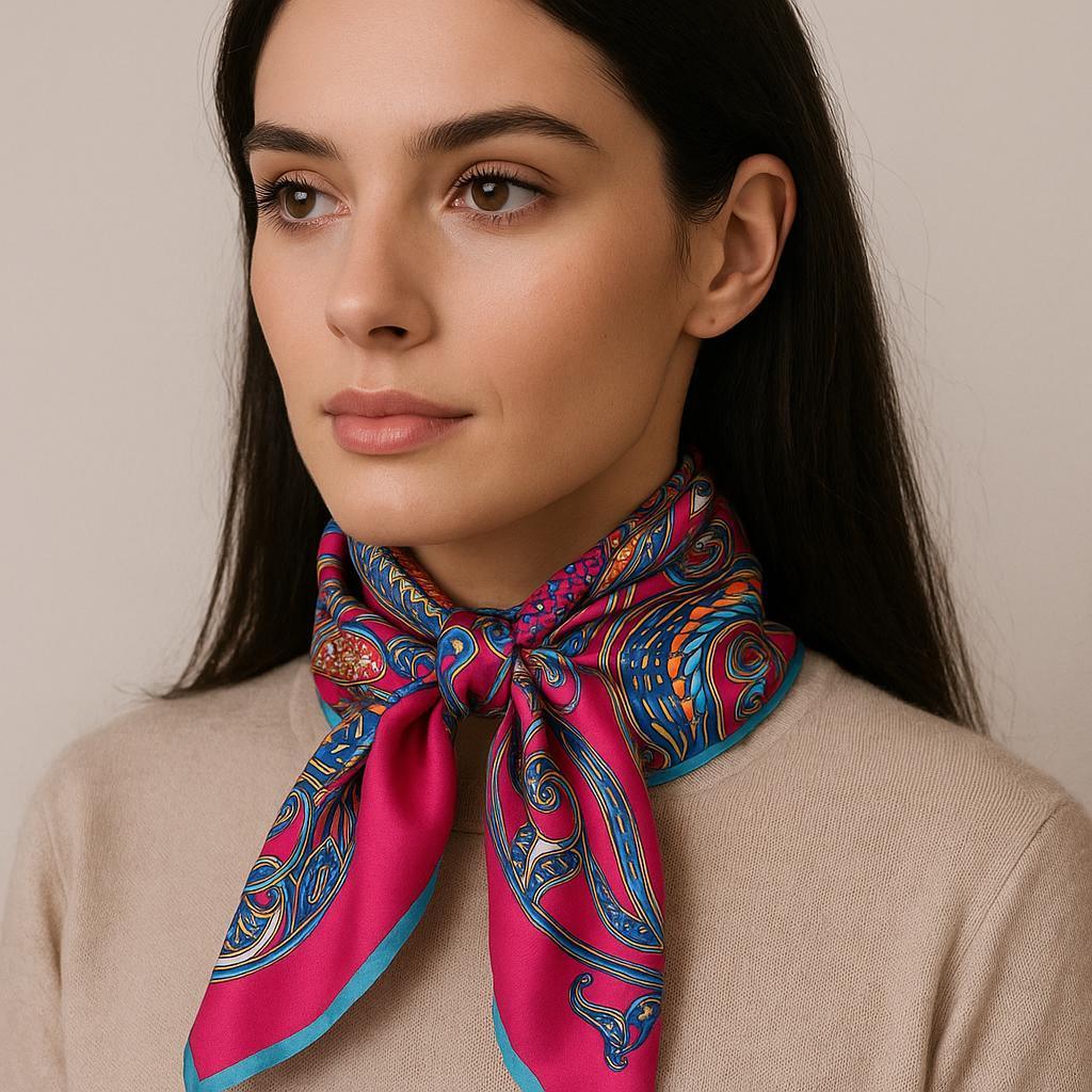 70x70 cm Luxury Silk-Like Scarf | Pink Blue Orange Artistic Pattern | Elegant Square Scarf | Women's Fashion Accessory - Scarves4you