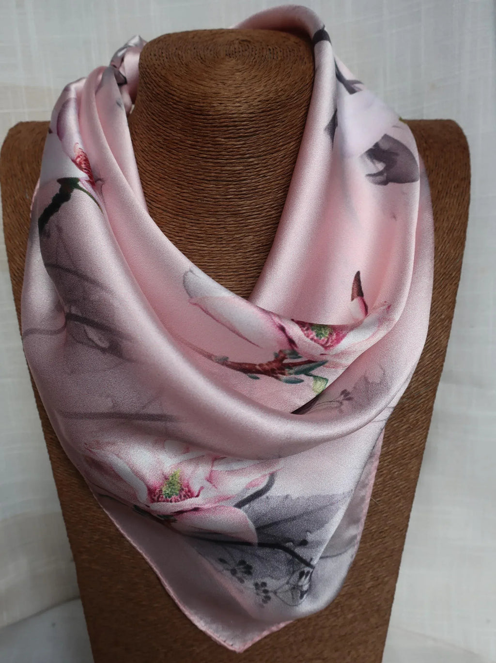 Silk Square Scarf 53×53 cm – Pink Floral Print | Romantic Botanical Design - Scarves4you
