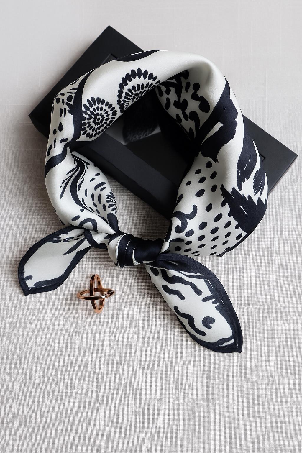 Elegant Black and White Silk Scarf with Abstract Art Desig - Scarves4you