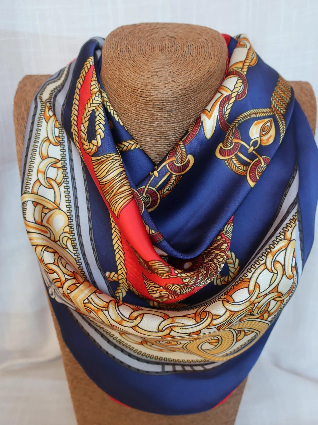 Silk Blend Square Scarf 70×70 cm – Luxury Chain & Tassel Print | Red Navy Gold - Scarves4you