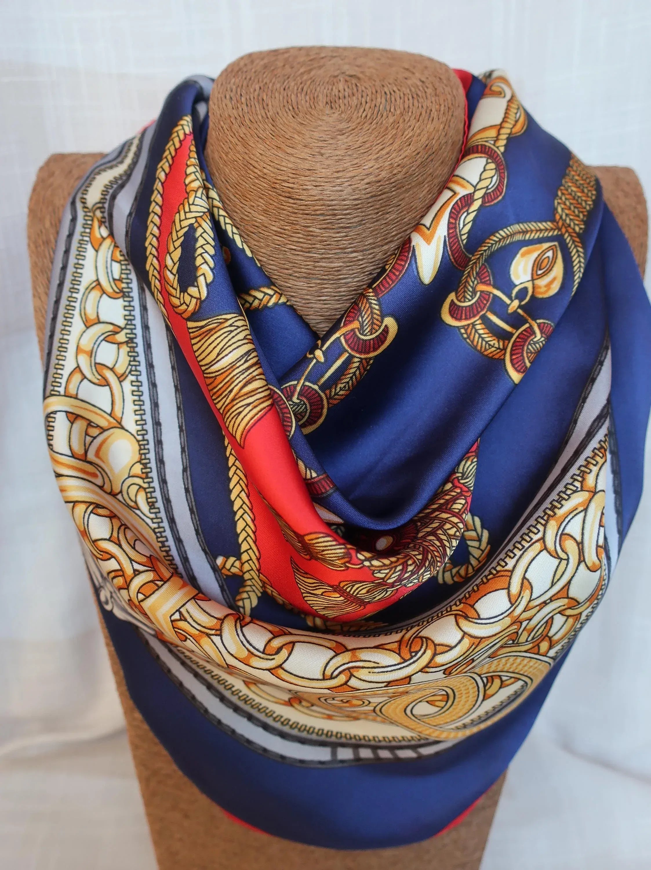 Silk Blend Square Scarf 70×70 cm – Luxury Chain & Tassel Print | Red Navy Gold - Scarves4you