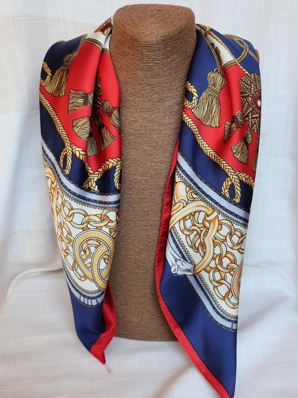 Silk Blend Square Scarf 70×70 cm – Luxury Chain & Tassel Print | Red Navy Gold - Scarves4you