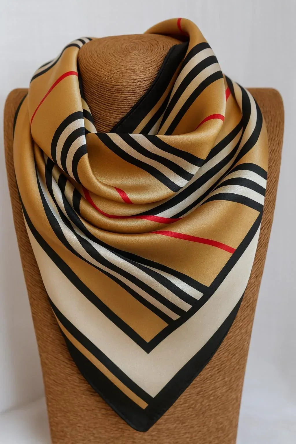 Silk Square Scarf 53×53 cm – Beige Striped Print | Minimalist Design - Scarves4you