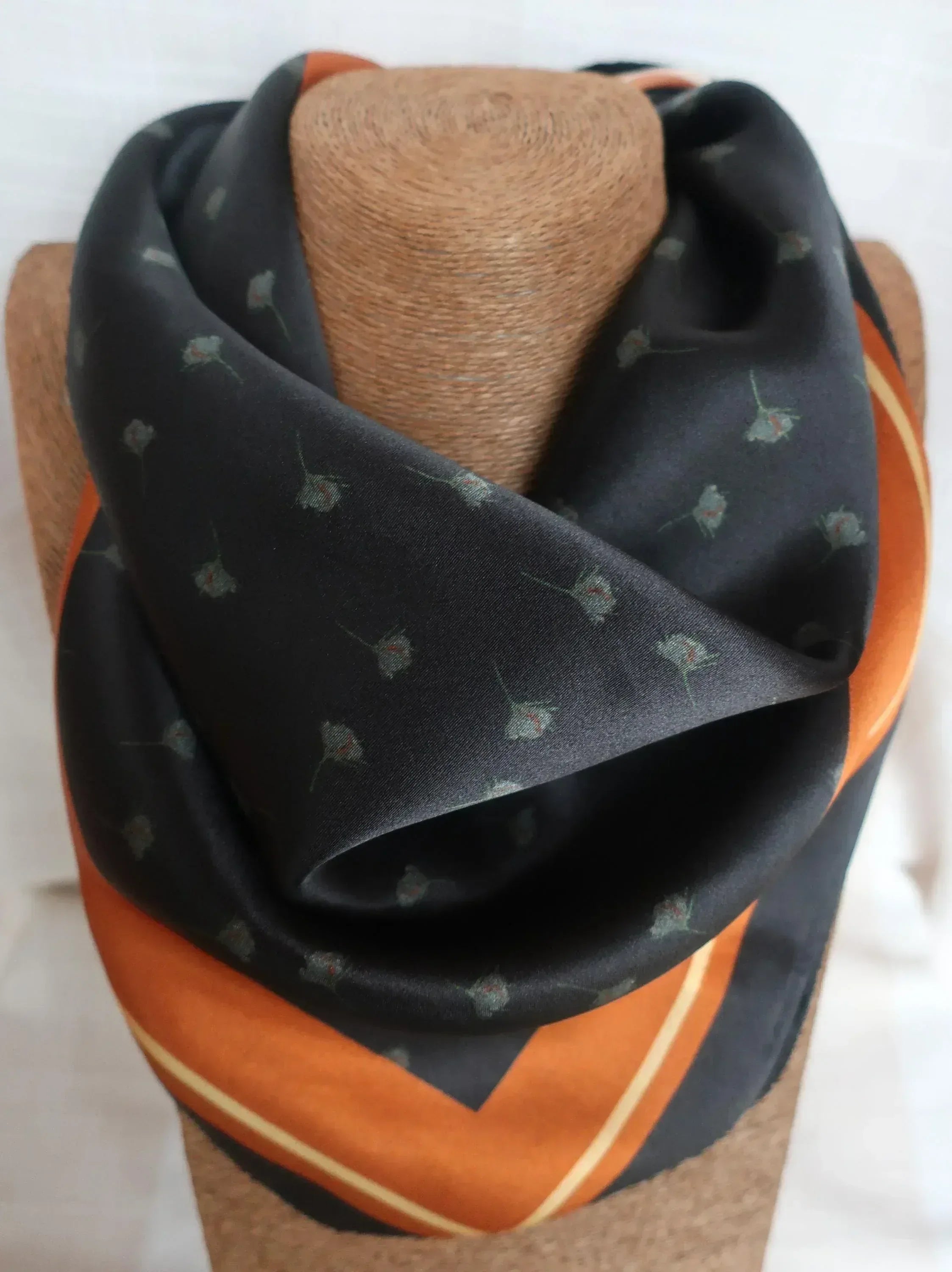 53x53 cm Mulberry Silk Scarf | Black Floral with Rust Border | Luxury Square Scarf | Women's & Men's Neckerchief - Scarves4you