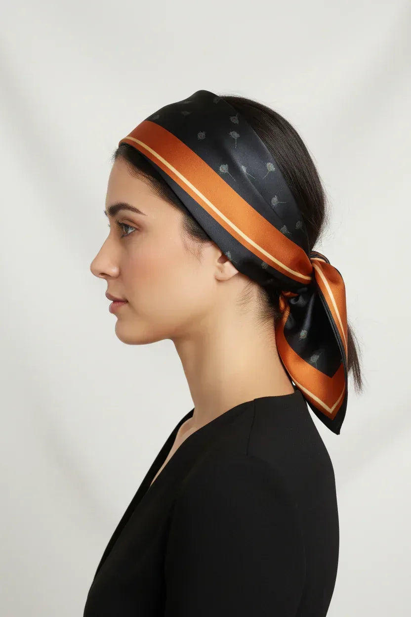 53x53 cm Mulberry Silk Scarf | Black Floral with Rust Border | Luxury Square Scarf | Women's & Men's Neckerchief - Scarves4you