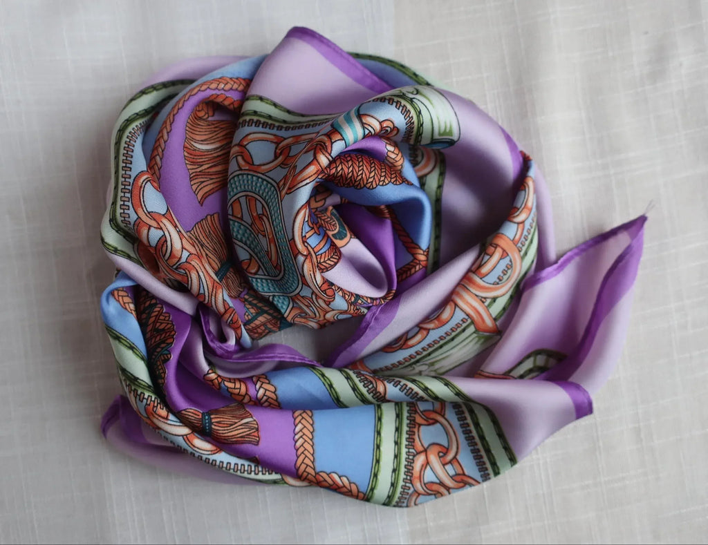 Luxury Silk-like Satin Square Scarf 70x70cm - Purple Blue Baroque Rope Print - Scarves4you