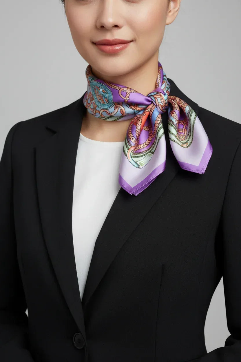 Luxury Silk-like Satin Square Scarf 70x70cm - Purple Blue Baroque Rope Print - Scarves4you