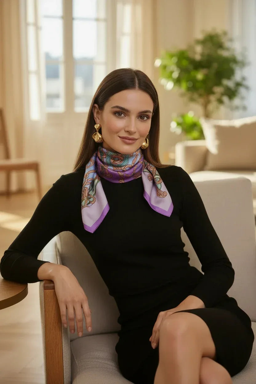 Luxury Silk-like Satin Square Scarf 70x70cm - Purple Blue Baroque Rope Print - Scarves4you