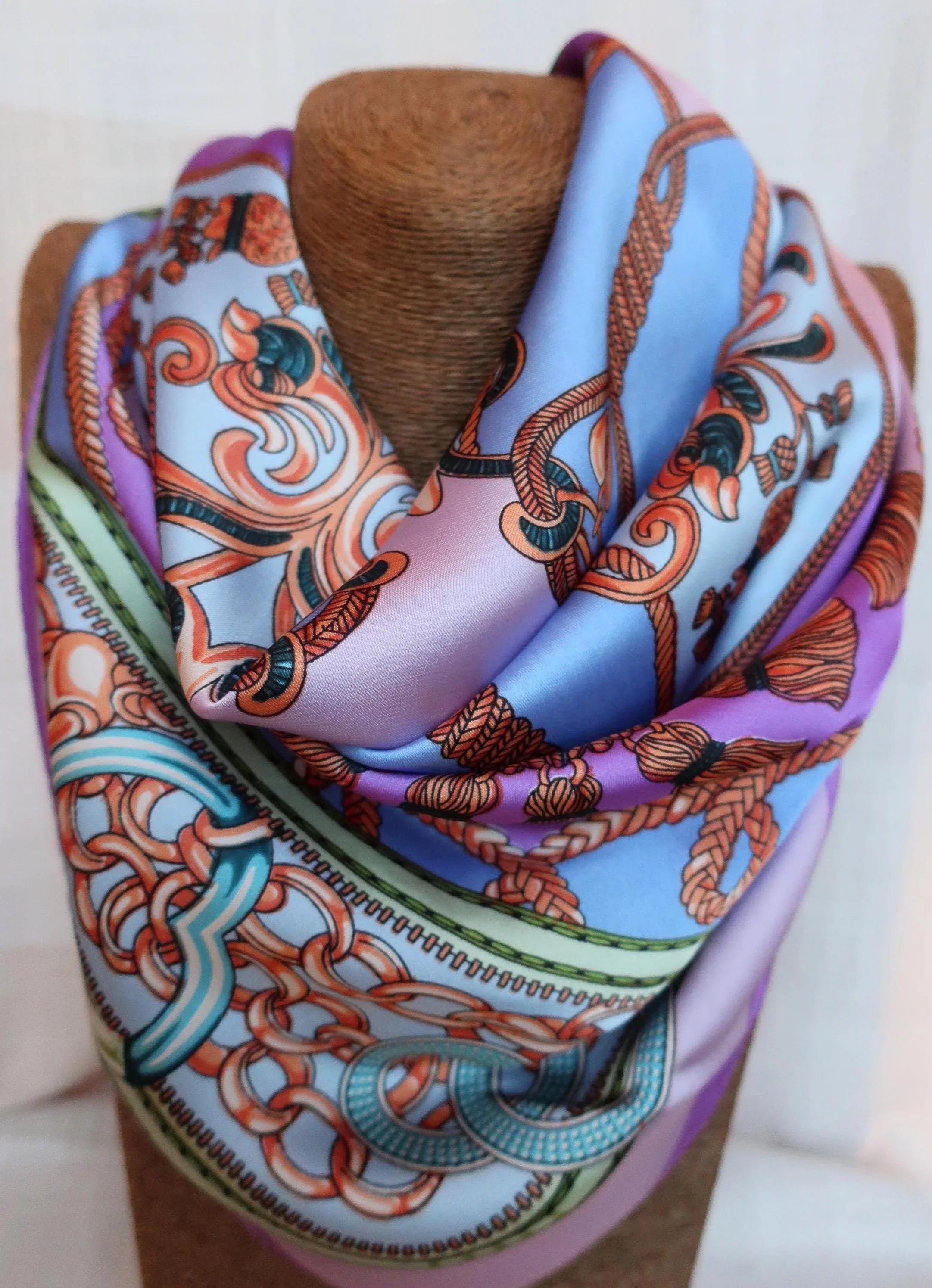 Luxury Silk-like Satin Square Scarf 70x70cm - Purple Blue Baroque Rope Print - Scarves4you
