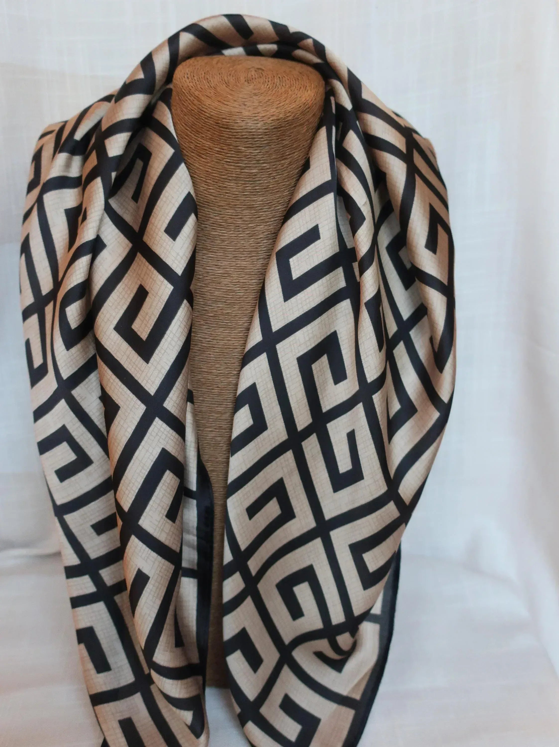 70x70 cm Geometric Square Scarf | Black Beige Greek Key Pattern | Premium Polyester | Women's & Men's Neck Accessory - Scarves4you