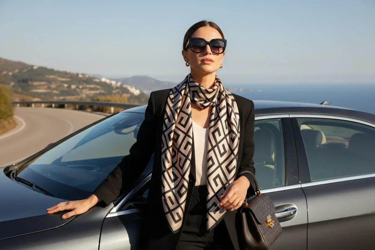 70x70 cm Geometric Square Scarf | Black Beige Greek Key Pattern | Premium Polyester | Women's & Men's Neck Accessory - Scarves4you