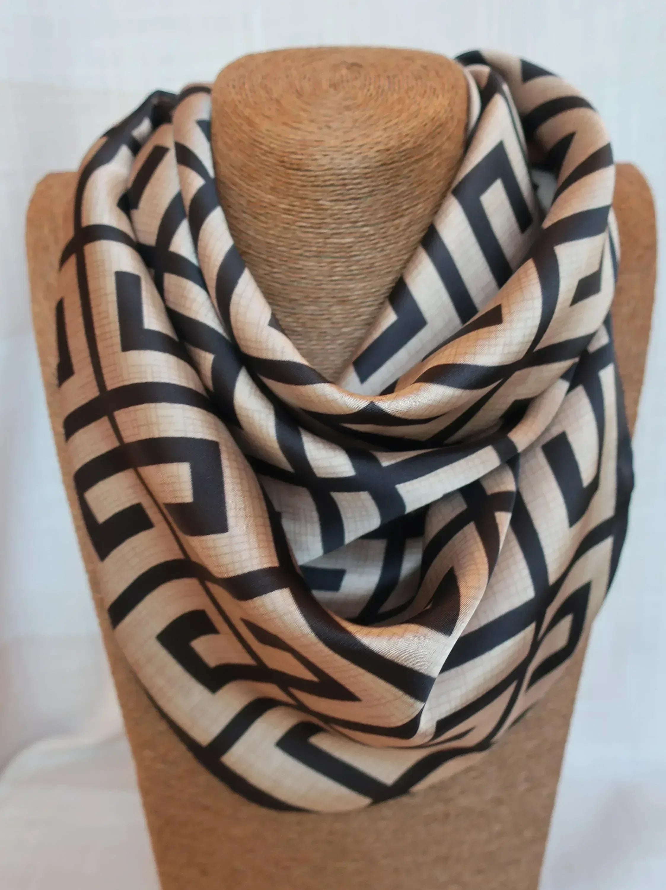 70x70 cm Geometric Square Scarf | Black Beige Greek Key Pattern | Premium Polyester | Women's & Men's Neck Accessory - Scarves4you